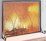Kingson Single Panel Handcrafted Wrought Iron Symmetric Scroll Fireplace Screen with Sturdy Steel Frame Durable Metal Mesh Decorative Free Standing Spark Guard Black Finish
