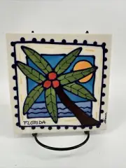Diane Artwear WALL TILE/TRIVET Palm Tree Florida Sun Nautical 6” Square￼Blue