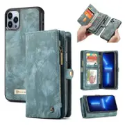CaseMe For Apple iPhone 13 Pro Zipper & Detachable Retro Leather Pouch Wallet Flip Purse Bag Detachable Phone Case Cover (Sky Blue)