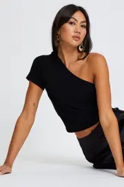 Black Crop Top One Shoulder - Size S, Women's Tshirt Crop