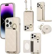 YDIJCYAN Mobile Phone Case for Google Pixel 8 Pro Case with Strap + Ring + Makeup Mirror Shockproof Mobile Phone Protective Case (White)