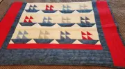 Handmade Quilt Sail Boat Design Red Blue White 44x57 Cotton Patchwork Kids