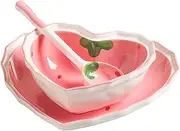 Sushi Making Kit Ceramic Dessert Bowls Plate: Cute Heart Shaped Salad Bowl Strawberry Porcelain Plates with Spoon Cereal Bowls Appetizer Side Dish for Soup Snacks Ice Cream Sushi