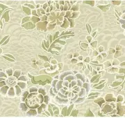 Wallpaper Waverly Zen Garden Large Floral Tan Satin, Dark Brown, Light Gray Grey
