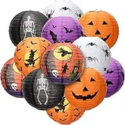 12 Pieces Halloween Paper Lanterns Jack O Lantern Pumpkin Hanging Lanterns Spider Bat Skeleton Lanterns for Halloween Indoor Outdoor Party Decoration Supplies, 8 Inches