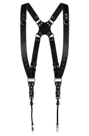 Leather Harness Two Camera DSLR/SLR Strap Adjustable Size Black Dual Shoulder508