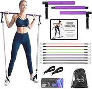 Portable Pilates Bar Kit with Resistance Bands (20, 30, 40, 50 LB) - 8 Week Video Program - Premium Quality Home Equipment 3 Section Pilates Bar with Resistance Bands Full-Body