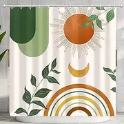Ghroiep Mid Century Abstract Boho Aesthetic Shower Curtain Set, Green Nature Leaf Sun Modern Minimalist Home Bathroom Curtain Decor with 12 Hooks 84 Inch Wide * 72 Inch High