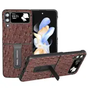 Abeel For Samsung Galaxy Z Flip4 5g Genuine Cow Leather+pc Kickstand Case Ostrich Texture Phone Cover