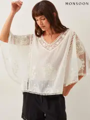 Monsoon White Lena Sheer Embroidered Angel Sleeve 100% Cotton Top (F74625) | $100