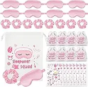 FRESHME Sleepover SPA Party Supplies - 8 Sets 32 Pcs Girls Pink Slumber Birthday Party Favor with Silk Sleep Mask Satin Hair Scrunchies Cute Temporary Tattoos and Sleepover Squad Drawstring Bag Kits