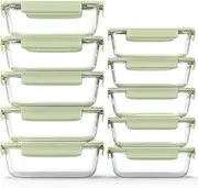 ZRRHOO 10 Pack Glass Food Storage Containers with Lids, Freezer Meal Prep Containers (Built in Vent), Green Kitchen Style Bento Boxes for Storage, BPA Free & Leak Proof (Green)
