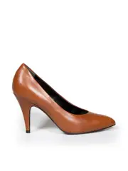 Brown Leather Pointed Toe Mid Heel Pumps