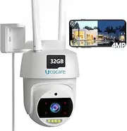 4MP QHD Security Camera Outdoor with 32G Memory Card, UCOCARE 360° PTZ WiFi Surveillance Cameras with 360° Auto Tracking & 24/7 Recording, Smart Human Detection, Color Night Vision, IP67