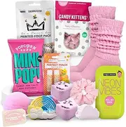 London Carousel Hug in a Box - Care Package for Her Girls Pamper Set with Slouch Socks, Pink & Rainbow Bath Bombs, Shower Steamers, Peel Off Face Mask, Foot Mask, Lip Balm Set & More