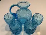 Tiara Indiana Glass Blue Habnail Pitcher And 4 Tumblers Set