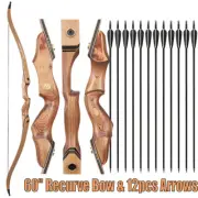 Archery 60" Takedown Recurve Bow Traditional Wooden Riser + 12pcs Carbon Arrows