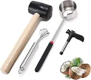 HZIYOU Coconut Opener Tool Set, Food Grade Stainless Steel Coconut Opener Kit, Shell Opener, Hammer, Coconut Grater, Hole Opener (4 Pieces)