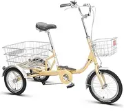 DEFGHIJ 14 in Tricycle Trike Bike 3 Wheel Cruiser Bike Steel Frame Commuter Exercise Bike with Adjustable Seat and Enlarged Cargo Basket for Seniors Women Men(Size:Beige)