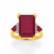 9ct Gold Created Ruby & Diamond Emerald Cut Dress Ring in Red