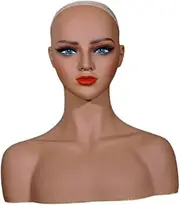 kokiya Realistic Female Mannequin Head with Shoulder Realistic Skin Tone Mannequin Manikin Wig Head Stand for Necklace Hats Scarf, Style A