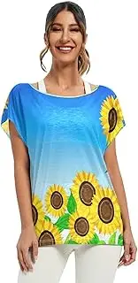 [RPLIFE] Vibrant Sunflowers Sky Blue Women Tops Blouses Women Loose Blouse, S-XXL Short Flowy Sleeve Shirt