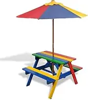 Kids' Picnic Table Solid Wood with Parasol - Wooden Outdoor Dining Table for Patio, Garden Play & Lunch - Multicolour