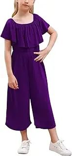 [GORLYA] Girls Scoop Neck Ruffle Overlay Jumpsuit Rompers Casual Loose Long Wide Leg Jumper Outfits 4-14T