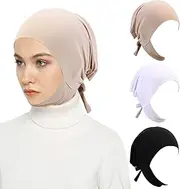 [XEPST] 3 PCS Hijab Undercap for Women, Islamic Muslim Under Hijabcap Milk Silk Fabric Hijab Underscarf Solid Color Adjustable Tie Back Full Cover Inner Head Scarf Turbans for Women Chemo Sleep Cap