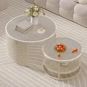 EKDJSN Coffee Table Set, Hollow Shelf Storage Nesting Table, 3 Glass Styles Available, Double-Layer Round Nesting Table, for Living Room, Bedroom, Office(WhiteA,27in+20in)
