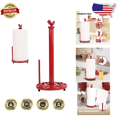 Rustic Red Rooster Paper Towel Dispenser with One-Hand Tear Cast Iron Base