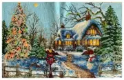 Handmade Embroidered Picture Needlework 'WINTER EVENING IN THE VILLAGE"