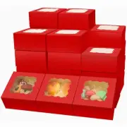 60pcs Red Bakery Boxes with Window 6x6x3 inches Thick & Sturdy Macaroon Pastr...