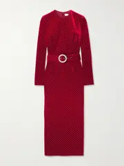 [Borgo de Nor] Borgo de Nor - Kiara Belted Crystal-embellished Stretch-velvet Midi Dress - Red - UK 10 UK 10 Red