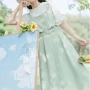Sleeveless Square Neck Plain Button-Up Midi A-Line Dress / Short-Sleeve Frill Trim Blouse Blouse - Beige - M