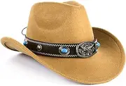 [Yannify] Cowboy Hat Western Hat Wide Brim Trilby Fedora Hat Jazz Cap Cowgirl Bush Hat Vintage ShapeableOutback Hat with Buckle Band Adjustable Derby Party Hat,for Men/Women (Medium, Khaki)