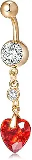 [Niaspi] 14G Red CZ Heart Dangle Belly Button Rings for Women 18K Gold Plated Stainless Steel Navel Ring 3/8" 10mm Curved Barbell Hypoallergenic Body Piercing Jewelry, 14g, Stainless Steel, no gemstone