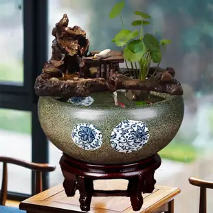 #流水魚缸過濾器循環系統創意擺件客廳古法造景陶瓷小型圓形金魚缸