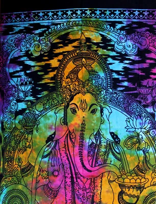 Cotton Ganesh Tie Dye Tapestry Tablecloth Spread Throw Blue Yellow Pink 54x84 in