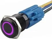 E Support 19mm 12V 3A Car Purple LED Light Angel Eye Metal Push Button Toggle Switch Socket Plug Latching Black Shell