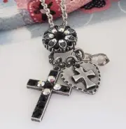 MARIANA "Tuxedo" Black Cross Heart Floral Charm Dangle Pendant Chain Necklace