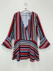 Cooper St Dress Women 12 Multicoloured Striped Flare Sleeve Crossover Front NEW
