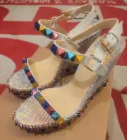 Christian Louboutin Pyraclou Studded Platform Wedge Sandal, Size 8US / 38EU