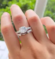 925 Silver Cushion Cut 2.15 Ct Moissanite Three Stone Unique Pave Band Ring Set