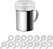 Stainless Steel Powder Shakers, Mesh Shaker Powder Cans for Coffee Cocoa Cinnamon Powder with Lid, with 12 pcs Printing Molds Stencils