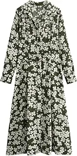 [Generic] Floral Shirt Dress Women Green Print Long Dress Woman Belt Office Midi Female Dress Long Sleeve Button Dresses