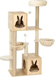 i.Pet 141cm Cat Tree, Cats Scratching Post Multi-Level Tower Pet Scratcher Climbing Trees Posts Indoor Kittens Wooden Play House Kitty Activity Center, with Plush Cover Condo Hammcok Bed Beige