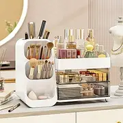 KQJS Makeup Organizer with Drawers,Large Capacity Countertop Organizer for Vanity,Bathroom and Bedroom Desk Cosmetics Organizer,Easy To Storage Skincare,Brushes, Eyeshadow, Lotions, Lipstick (White)