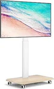YOMT Floor TV Stand with Mount for 32-70 Inch Flat Screen/Curved TVs, Swivel Rolling Height Adjustable Portable TV Stand on Wheels, Modern Mobile Wood Base White TV Stand for Bedroom Home Office
