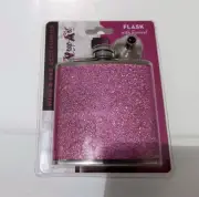 Wrap-Art Stainless Steel Pink Glitter 6 oz FLASK with Funnel 4"x 3 3/4" New!